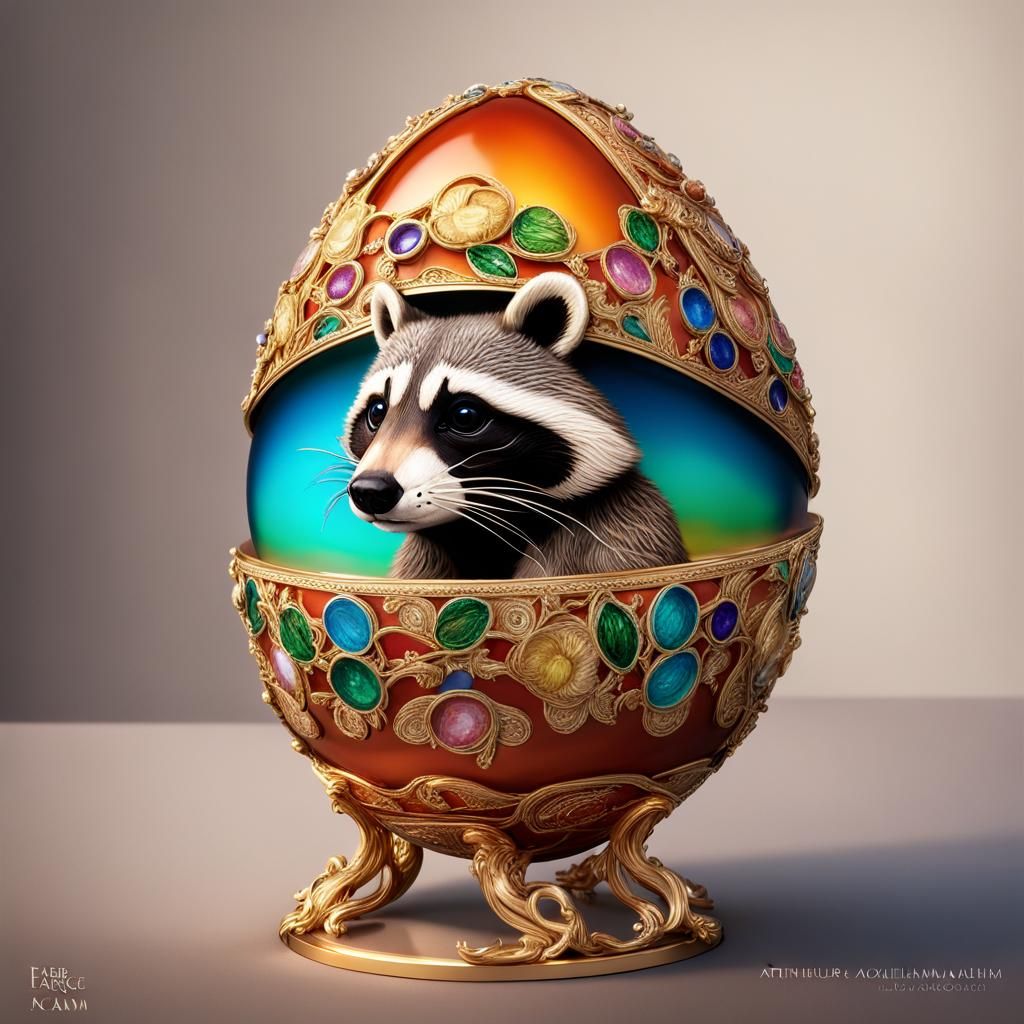 Raccoon in Faberge Egg, Art Nouveau Style
