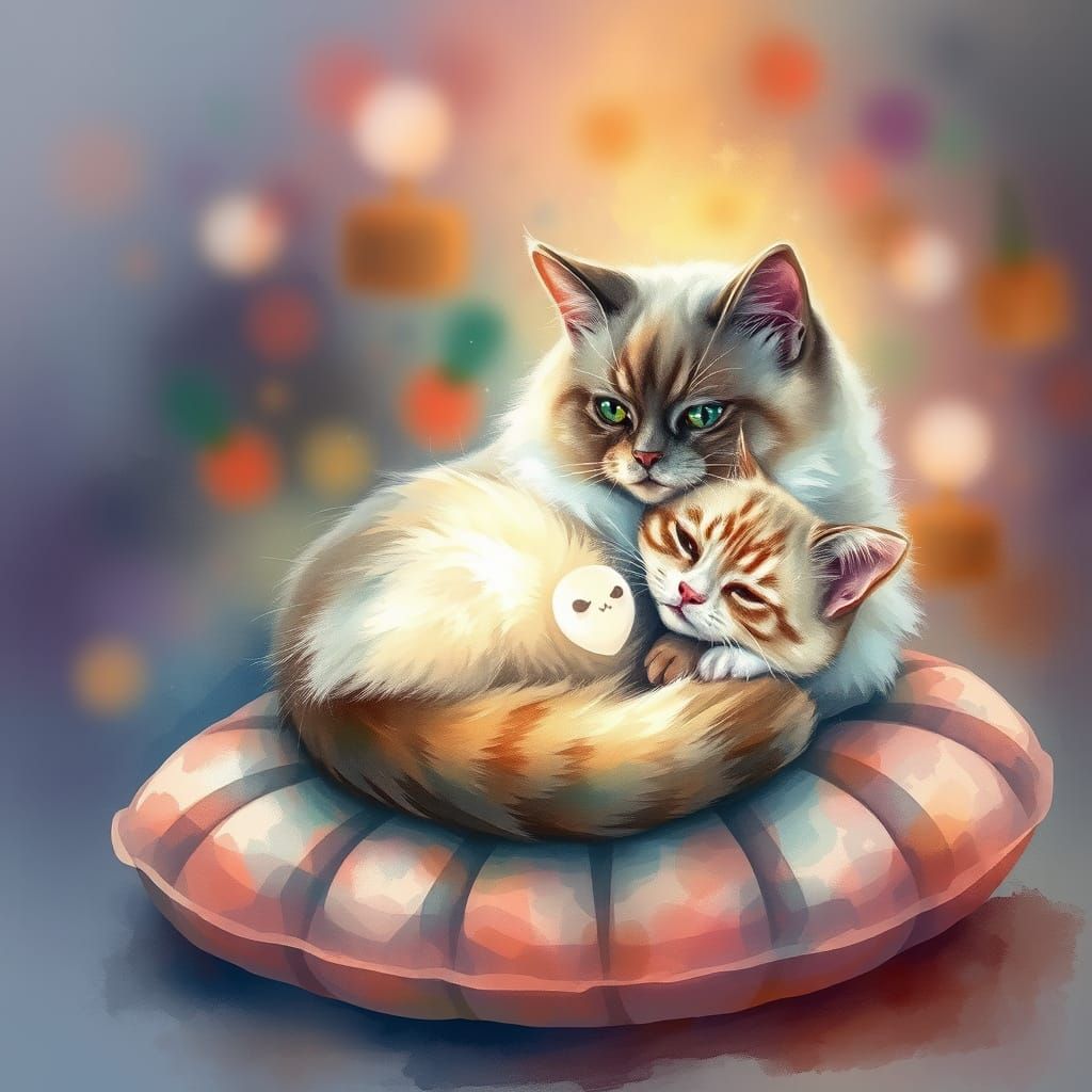 Whimsical Cat Portrait in Romantic Watercolor Style