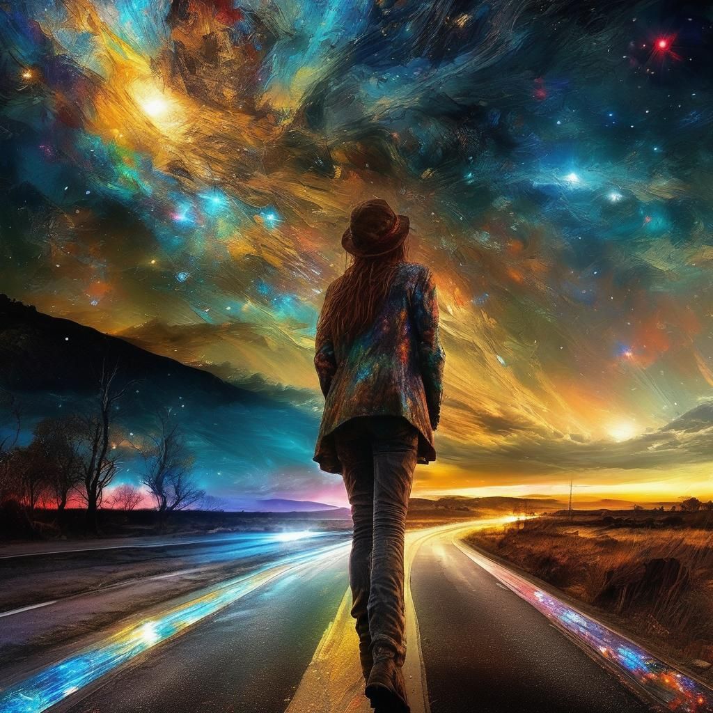 Starry Night Road: Holographic Image in Sumi-e Style