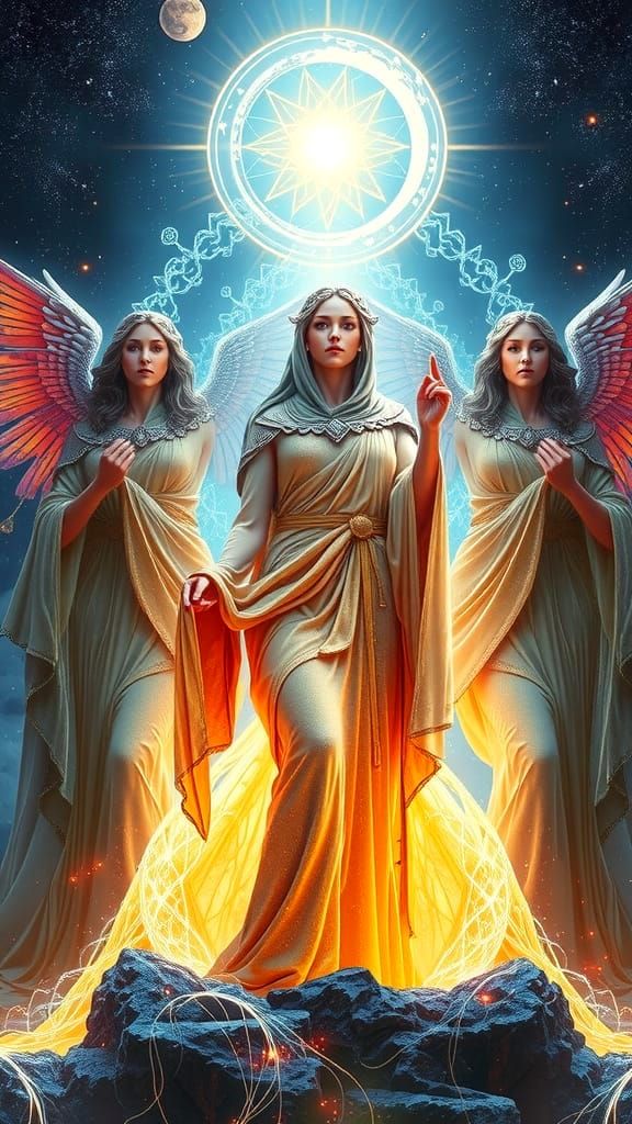 The Fates: Clotho, Lachesis, and Atropos in Divine Light