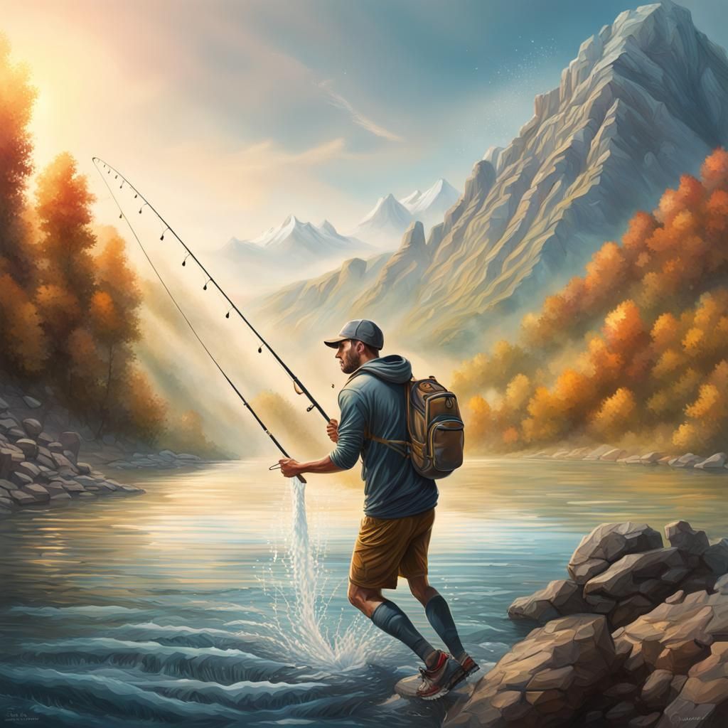 Footballer Fishing in a Mountain: Hyperrealistic Splash Art
