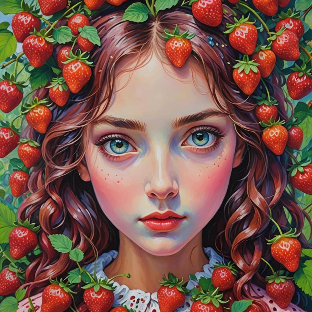 Strawberry Girl in Surreal Pastel World as Impasto Painting