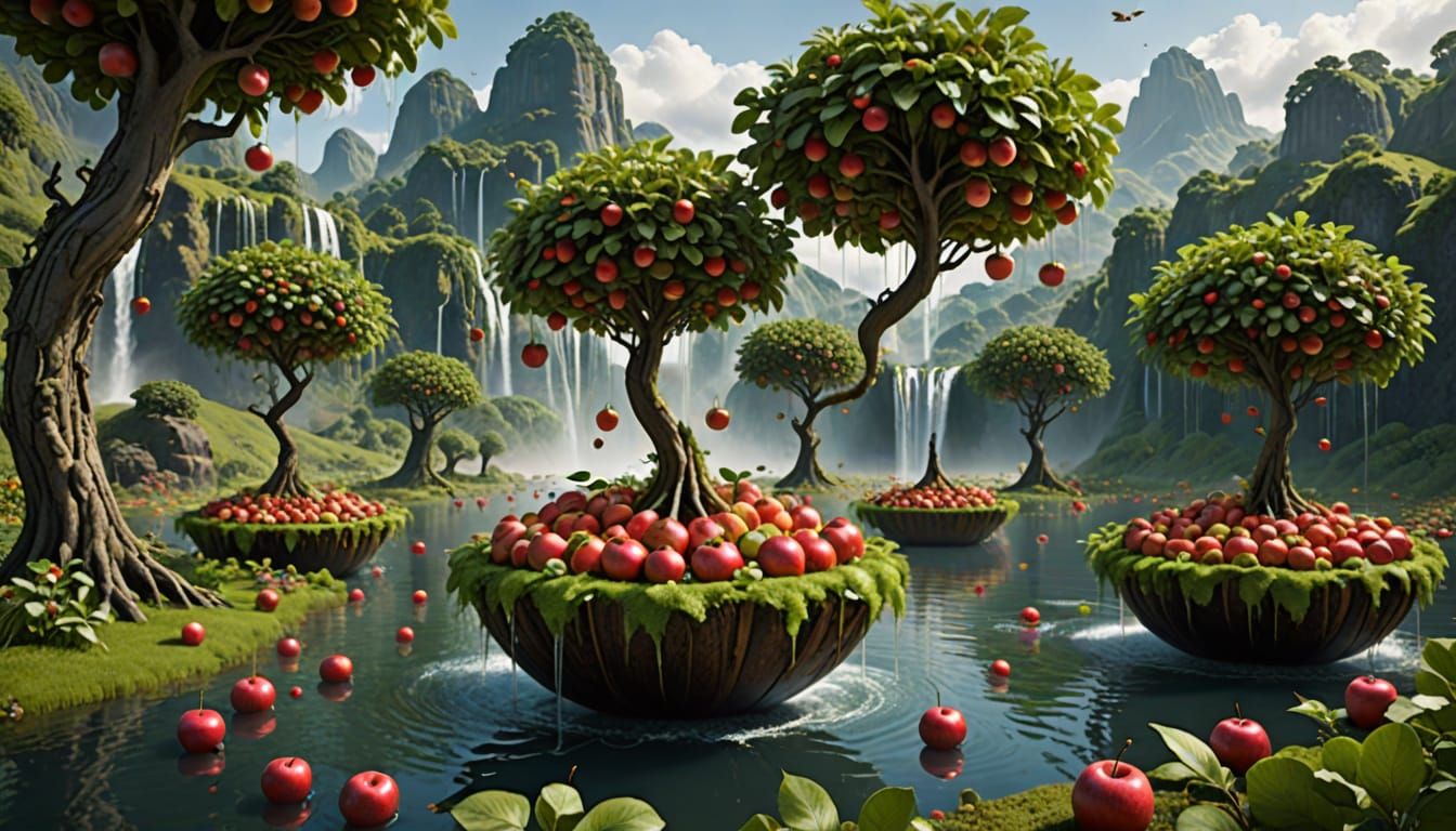 Fantasy Apple Islands in a Dreamlike Landscape