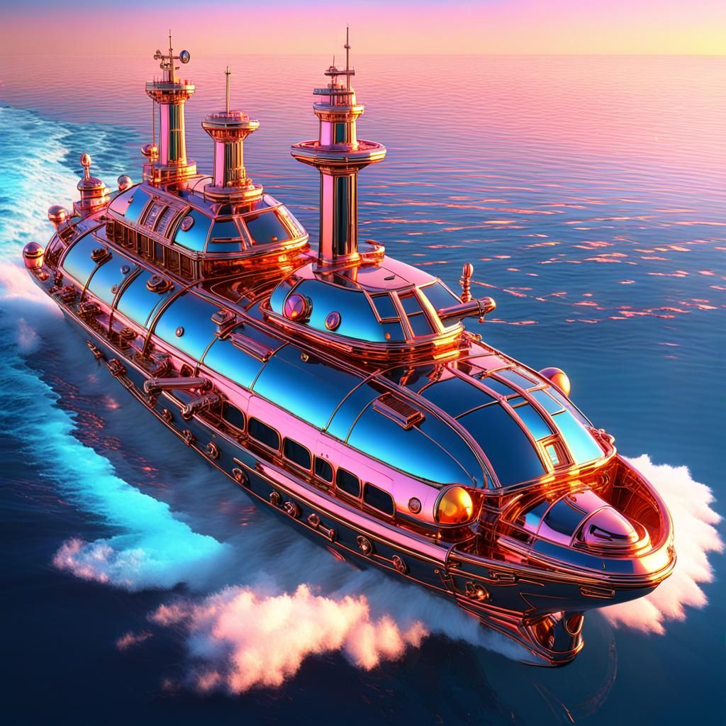 Steampunk Retrofuturistic Boat on Blue Ocean, 8K Render