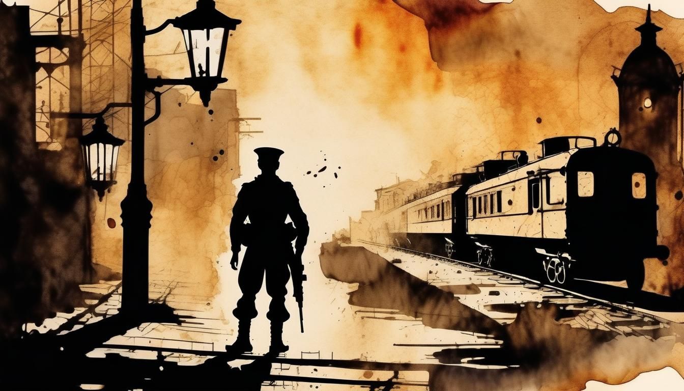 Soldier Waving at Train in Steampunk Ink Painting