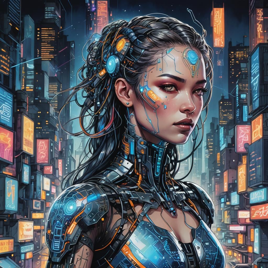 Cyberpunk Goddess in Futuristic Cityscape