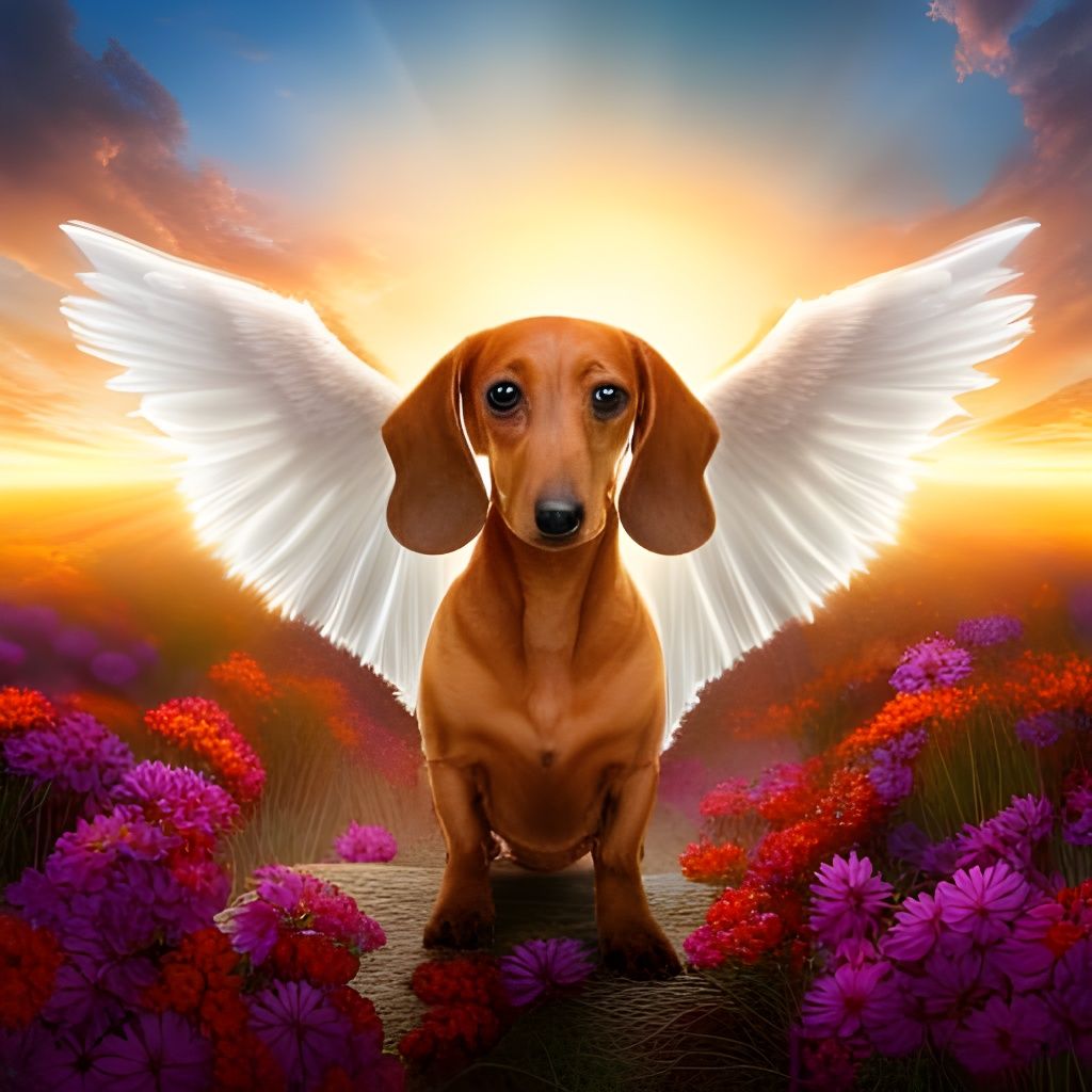Dachshund with Angel Wings in Divine Sunlight