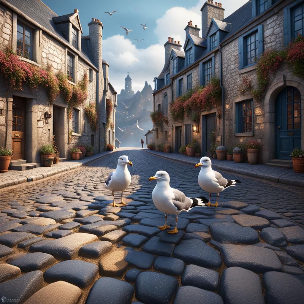 Seagulls on Cobblestone Street in Brittany