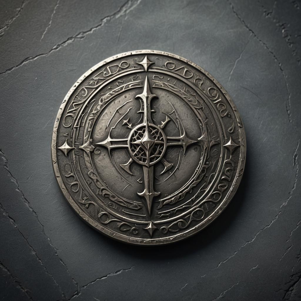 Silver Coin with Dagger Symbol: Fantasy Concept Art