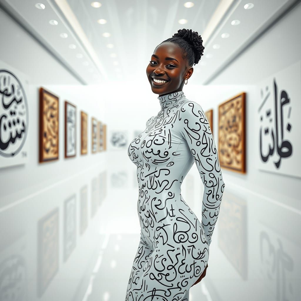 Woman in Calligraphy Bodysuit in Glossy Hall