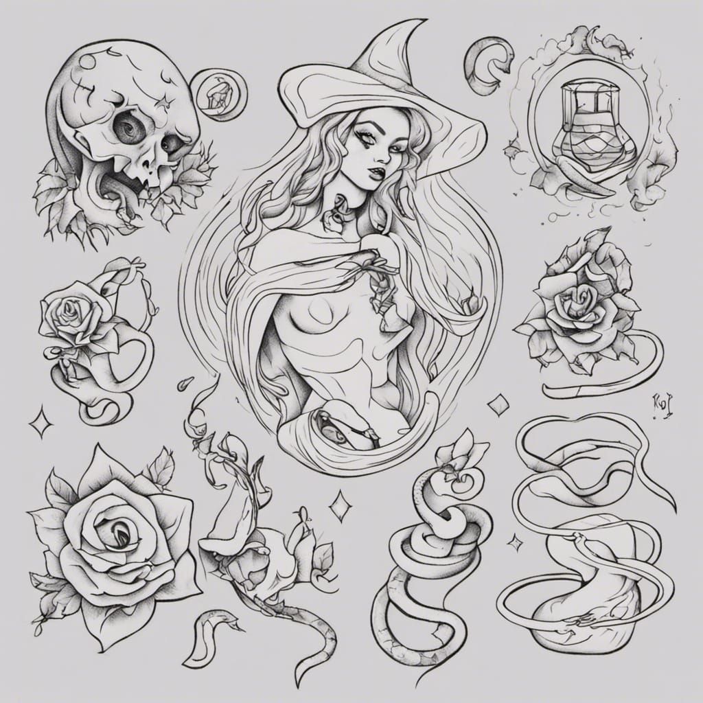 Witchy Ghost and Snake Tattoo Flash Sheet