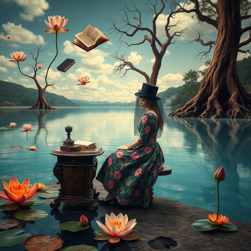 Surreal Lakeside Dreamscape of a Veiled Woman