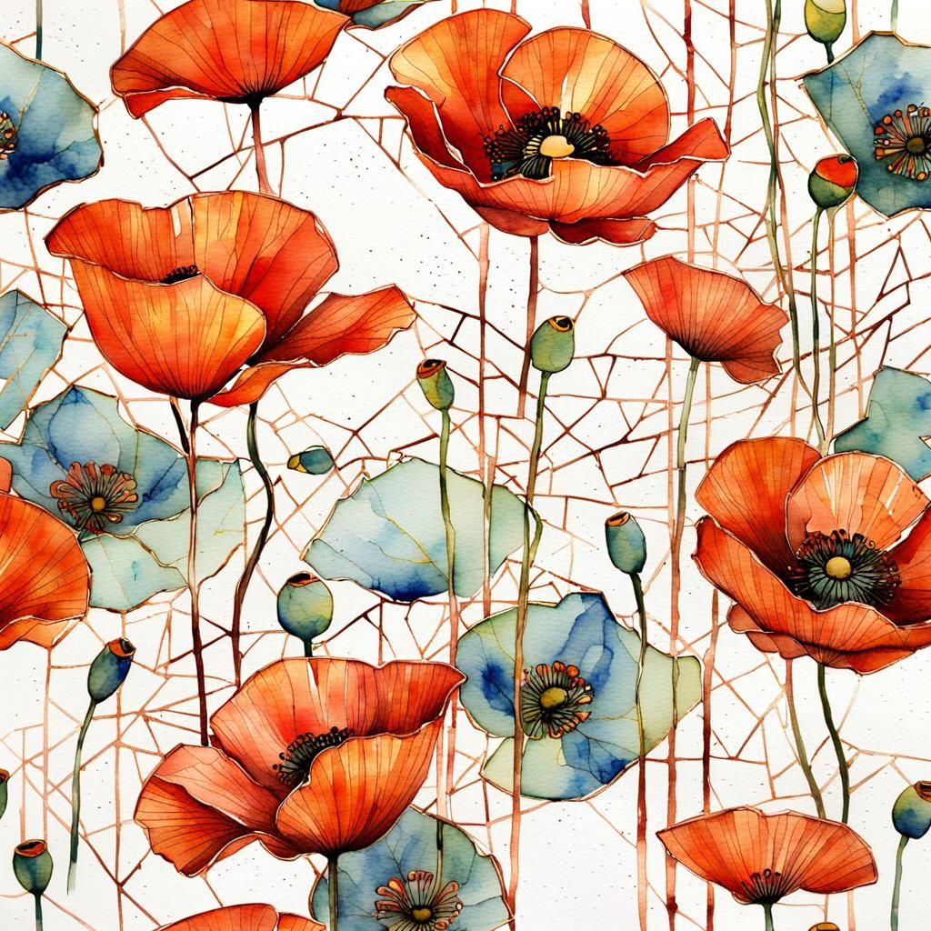 Poppies in Watercolor with Kintsugi Copper Accents