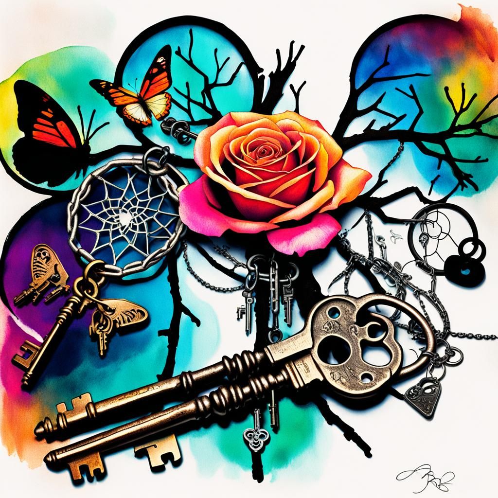 Surreal Dreamcatcher with Keys and Child's Drawings