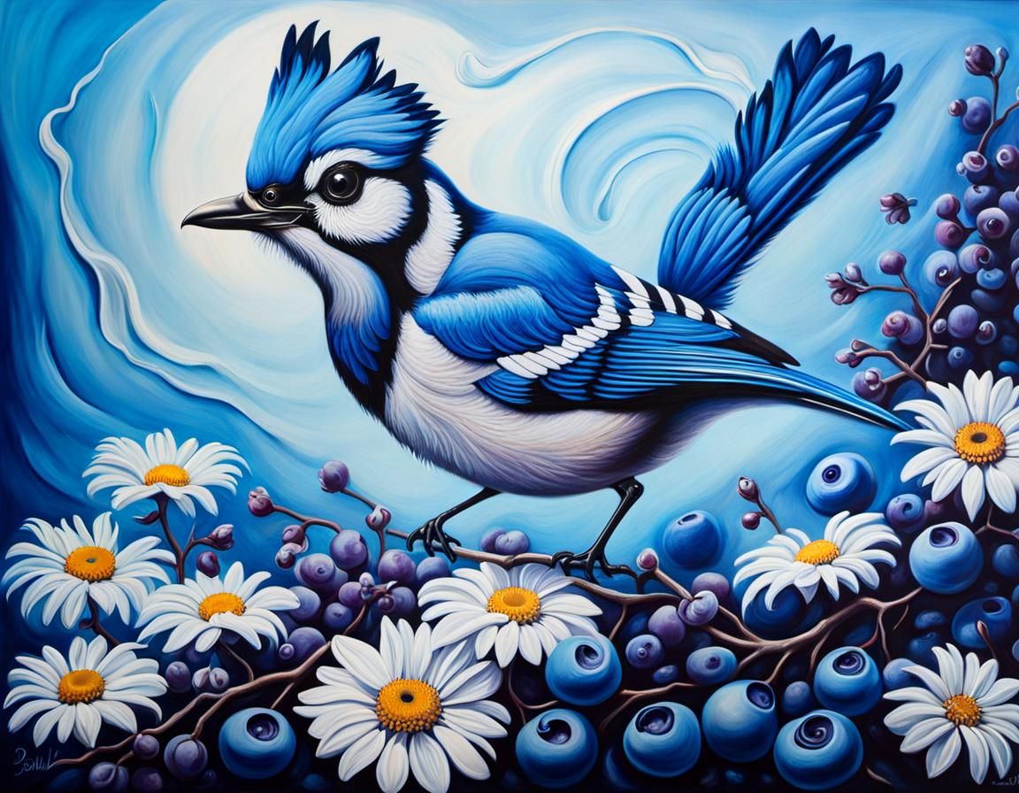 Surreal Blue Jay with Melting Feathers, Oil Painting
