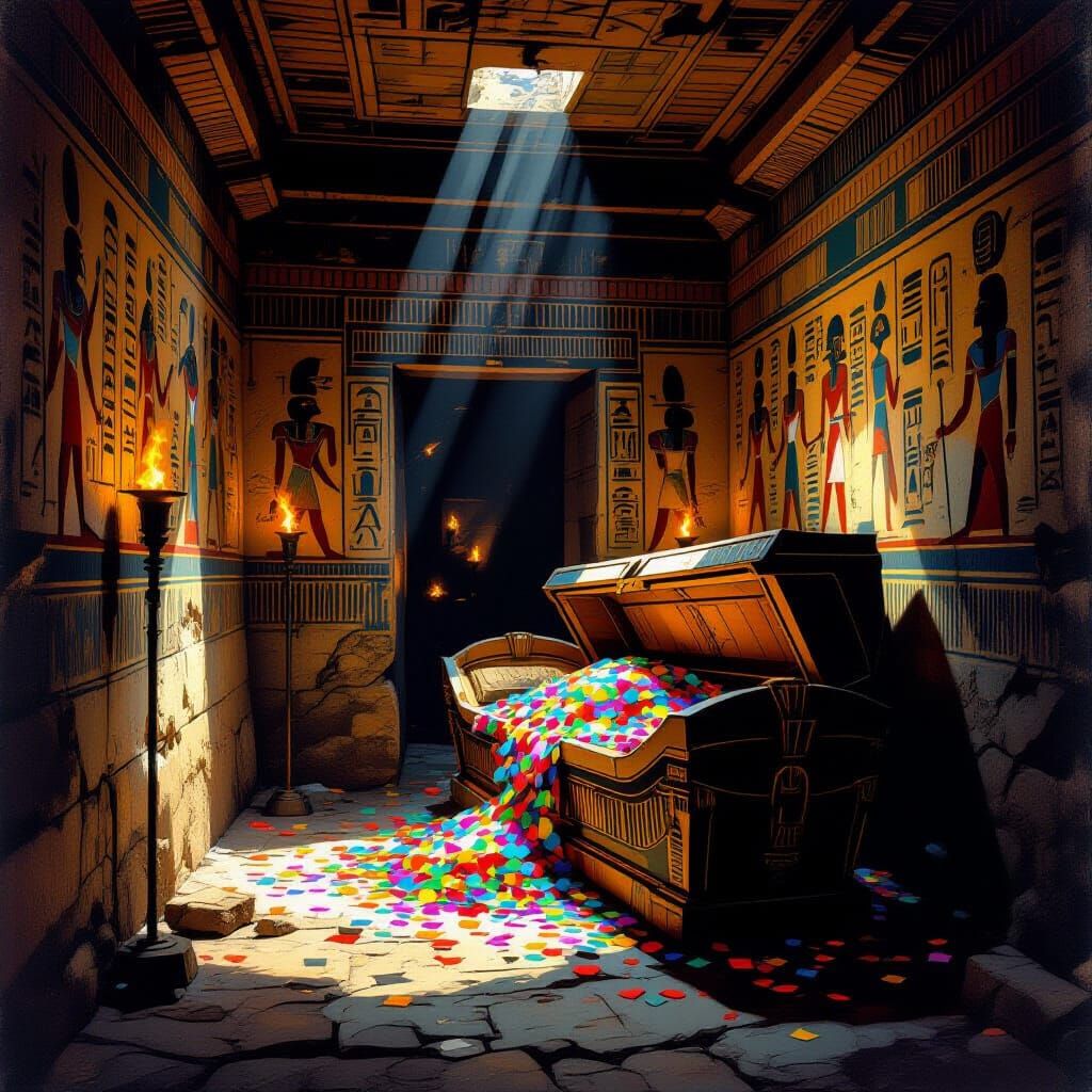 Ancient Egyptian Tomb with Confetti in Sarcophagus