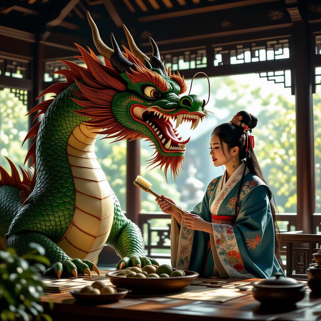 Dragon Healer Cleans Dragon Teeth in Serene Pavilion