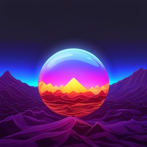 Glass Orb Reflecting Neon Synthwave Landscape