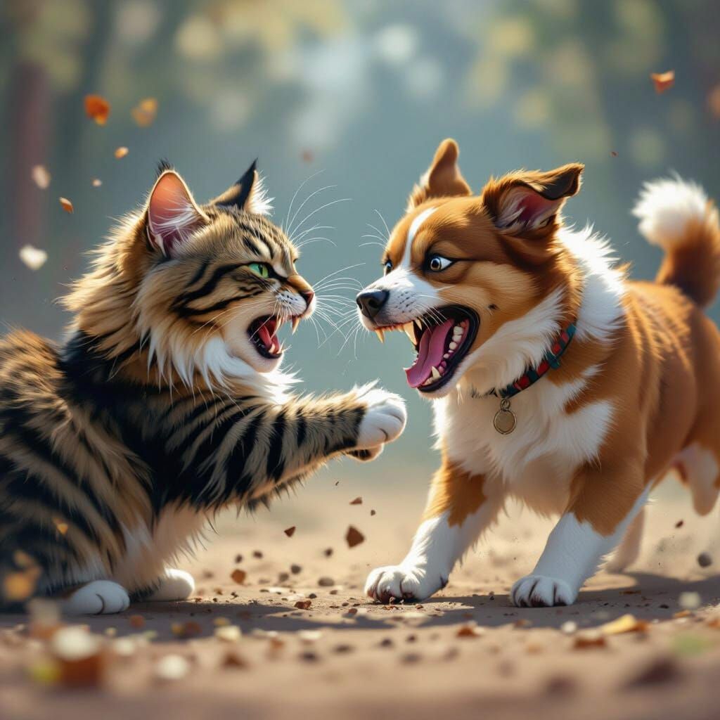 Fierce Cat and Dog Battle in Hyper-Realistic Style