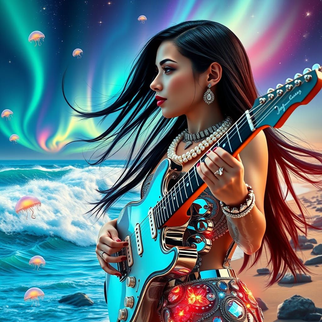 Futuristic Guitarist in Profile Above Ocean Waves