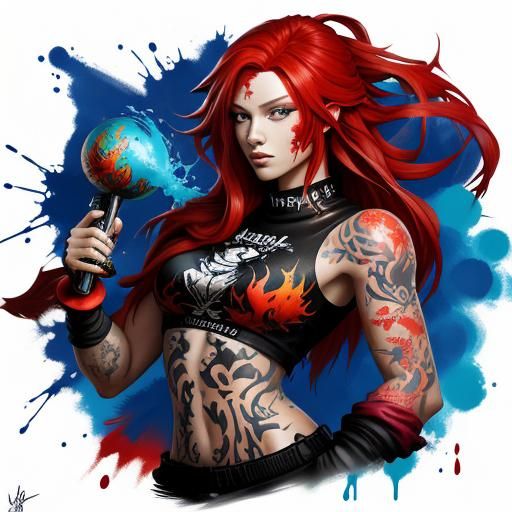 Red-Haired Girl with Dragon Tattoo Graffiti Art