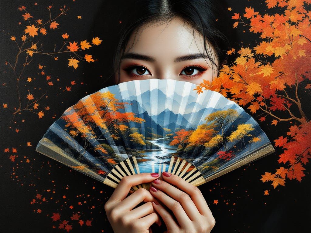 Minimalist Chinese Woman with Autumn River Fan