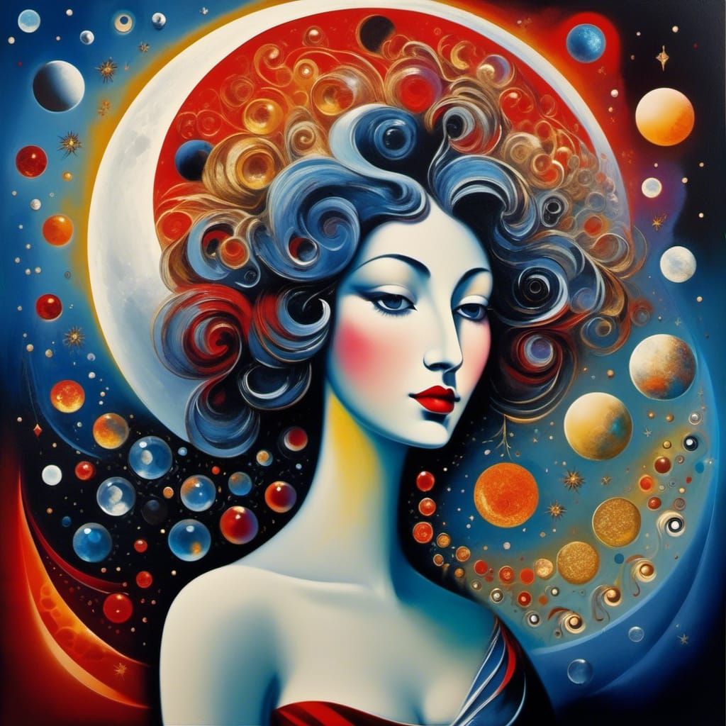 Surreal Moon Face in Space, Oil Painting Style