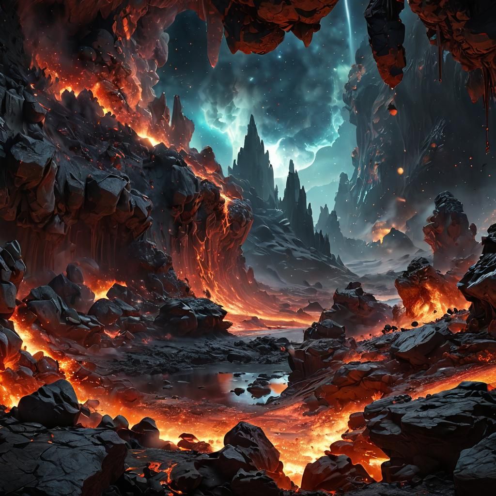 Ghilbi studio Pablo Amaringo art;an epic surreal magic dreamy ahat stone  lava nebula cluster double exposture in nebula...