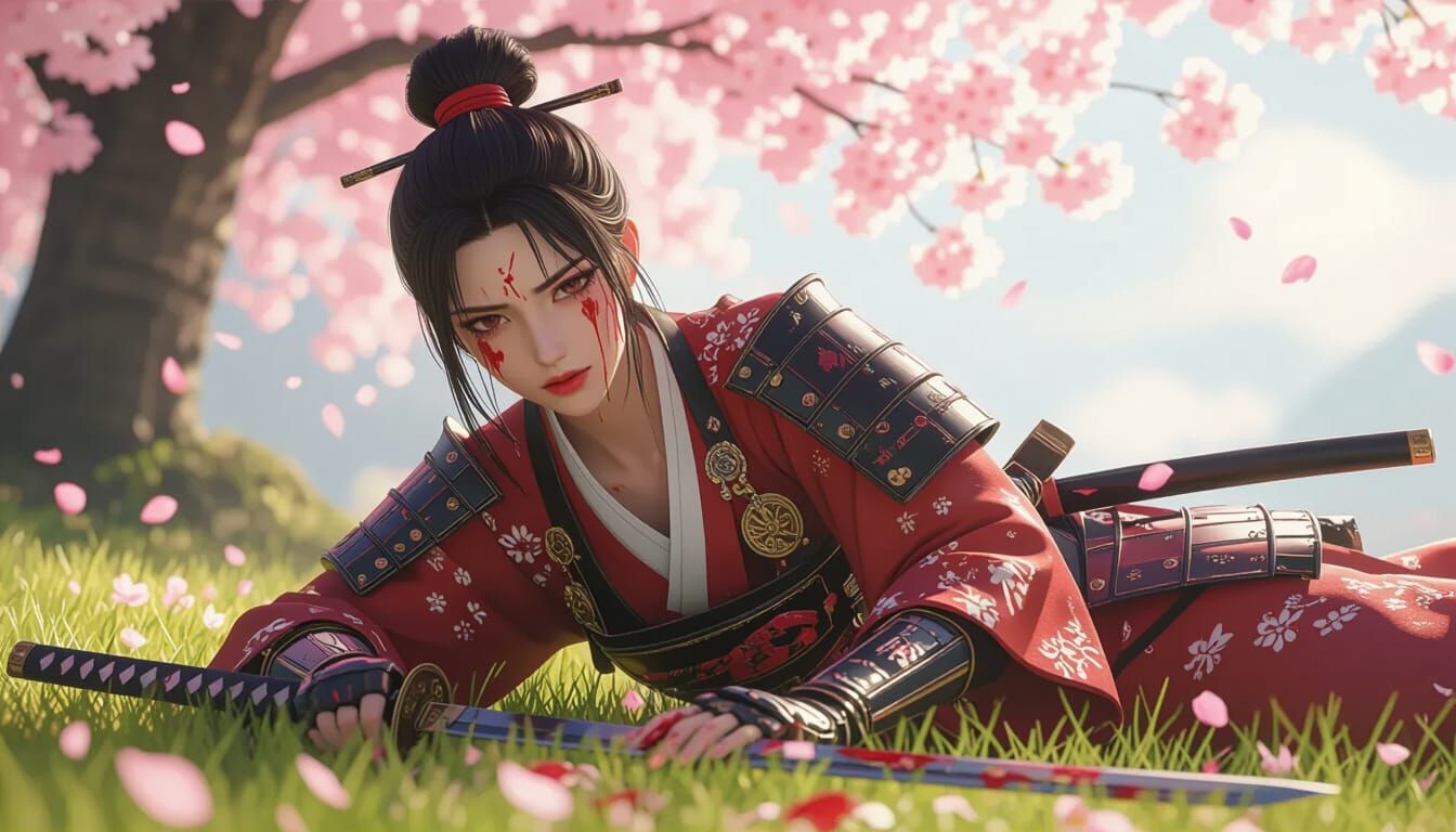 Wounded Samurai Woman Under Cherry Blossoms