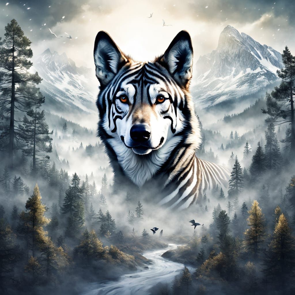 Dog Head Blends Into Snowy Forest and Zebra Herd