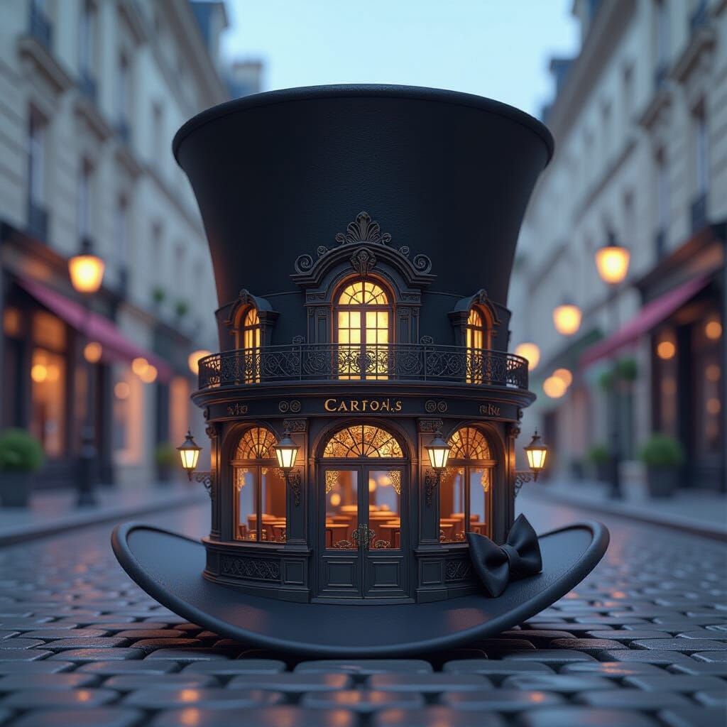 Parisian Cafe Built On Gothic Hat, Realistic 3D Anime Style