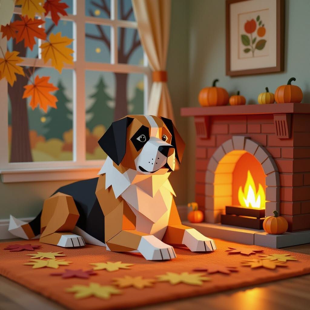 Papercraft Saint Bernard Sculpture by Fireplace