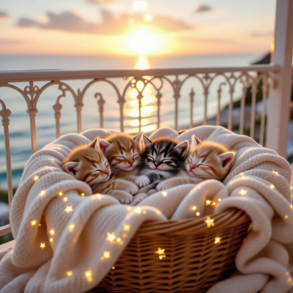 Kittens in Starlight Blanket at Sunrise