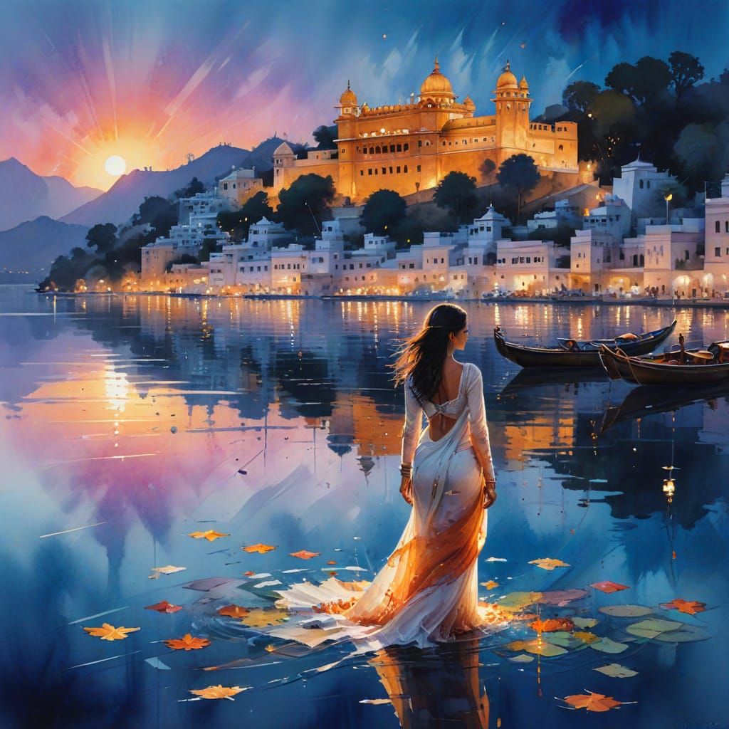 Romantic Lakeside Cityscape at Twilight: Udaipur Jewel