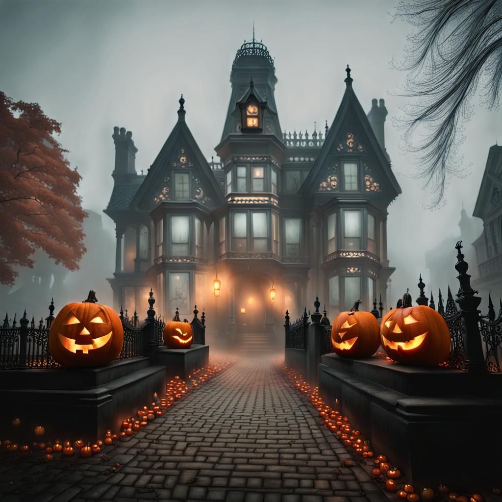 Foggy Gothic Victorian City with Jack-o-Lanterns