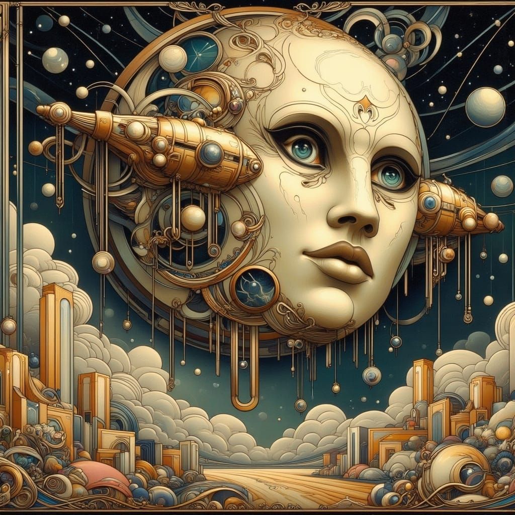 Vintage Science Fiction Scene in Art Deco Nouveau Style