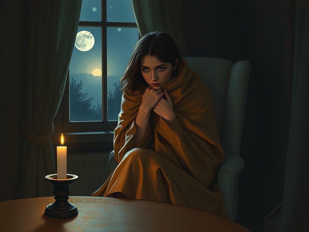 Woman in Darkened Room, Lit by Candlelight