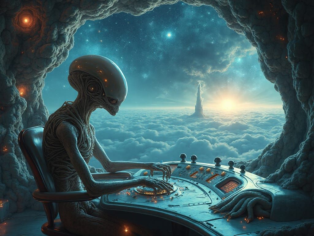 Cyberpunk Alien at Cosmic Control Console