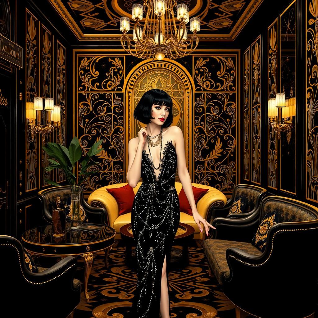 Glamorous 1920s Flapper in Art Deco Parlor