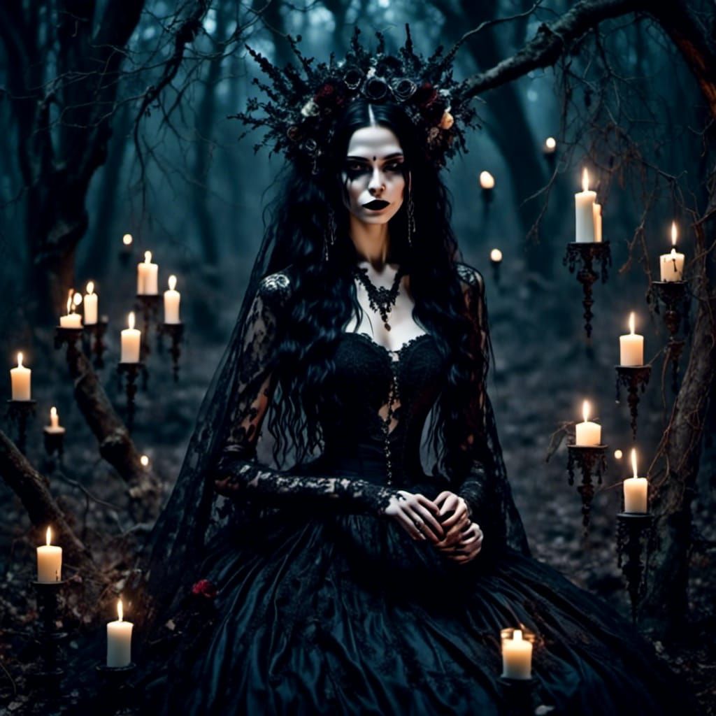 Gothic Woman in Eerie Dark Forest