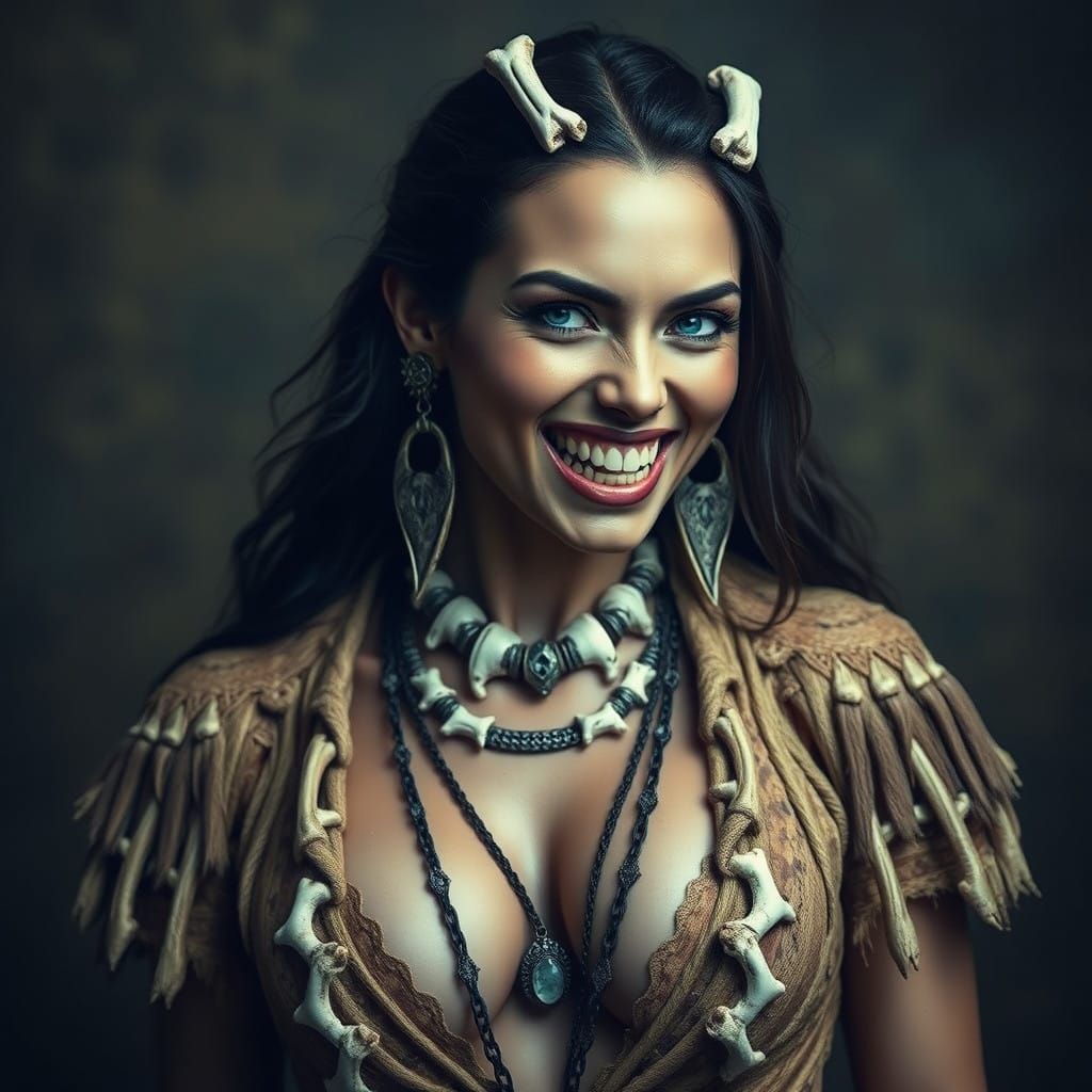 Seductive Tribal Goddess with Bone Jewelry and Feral Eyes