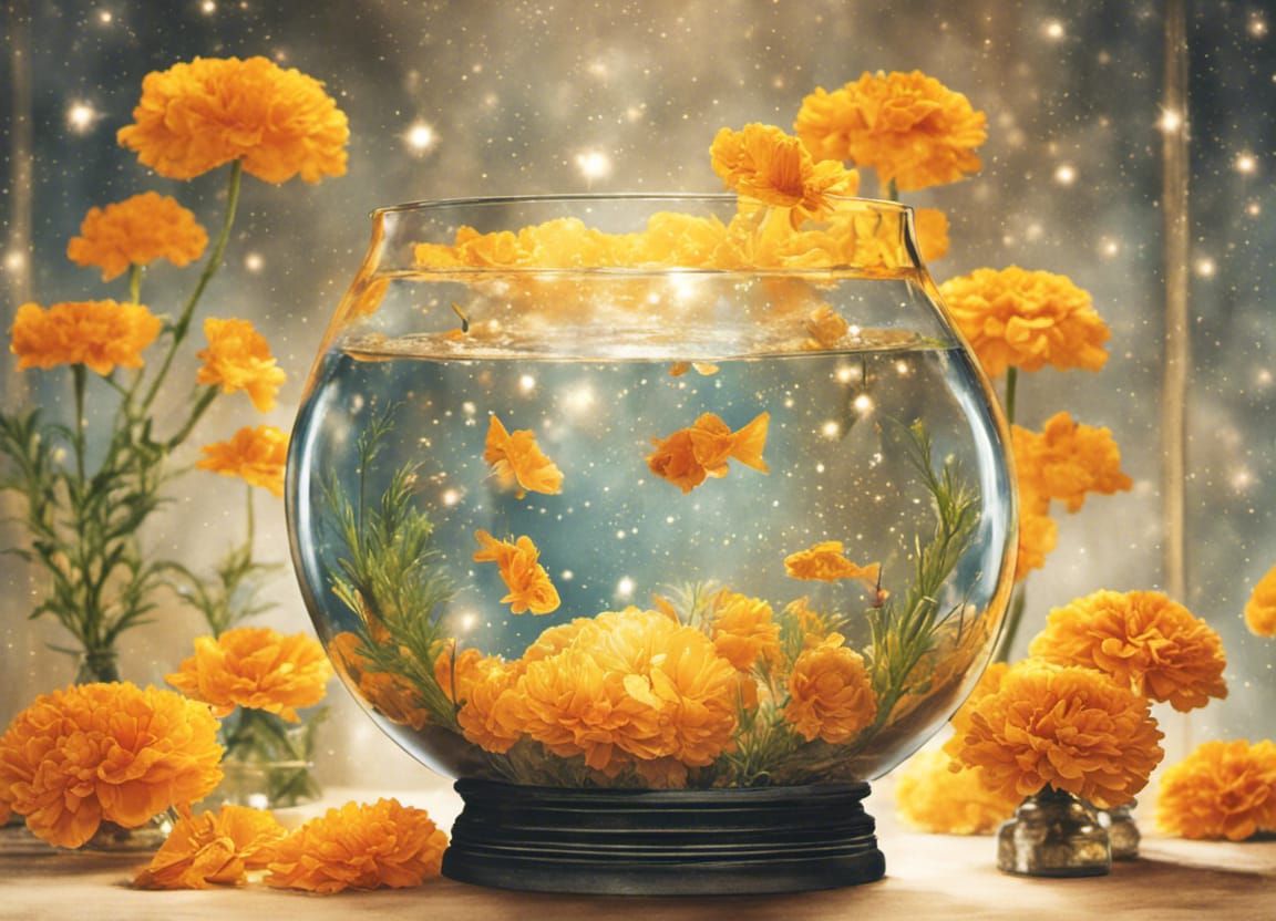 Fishbowl Marigolds with Glittering Lights, Watercolor Style