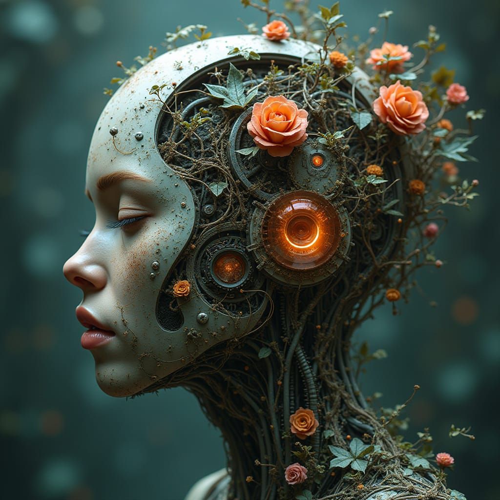 Cybernetic Head: Steampunk-Biofusion Art with Glowing Circui...