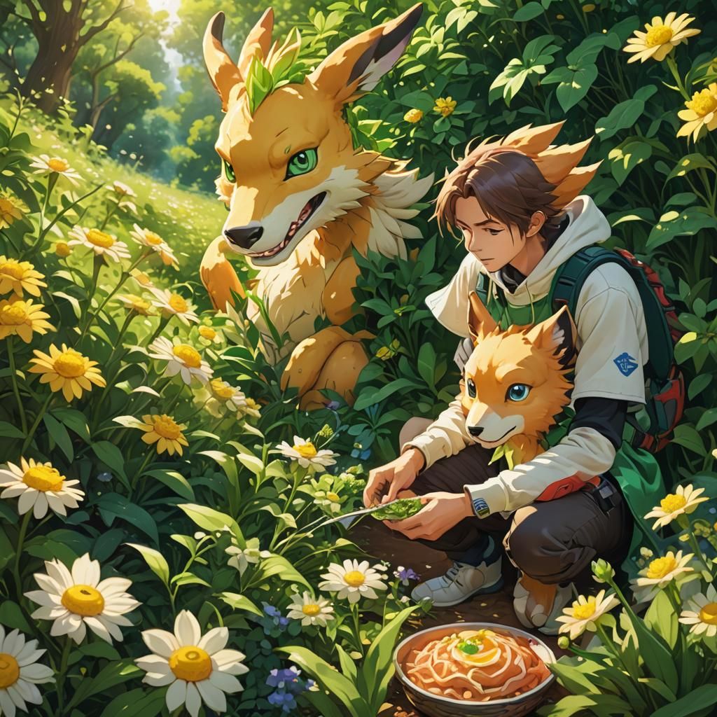 Digimon Savoring Nature in Vibrant Studio Ghibli Style