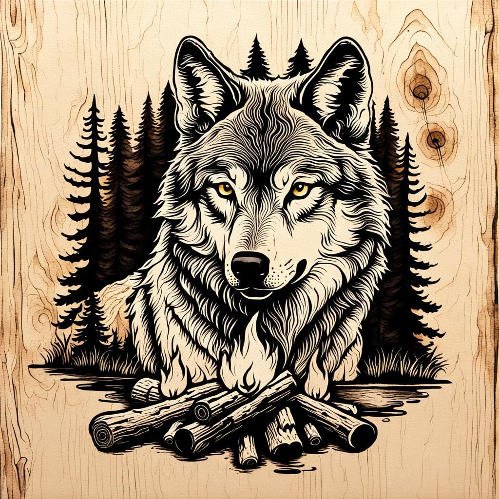Sepia Wolf Spirit Emerges from Birch Bark