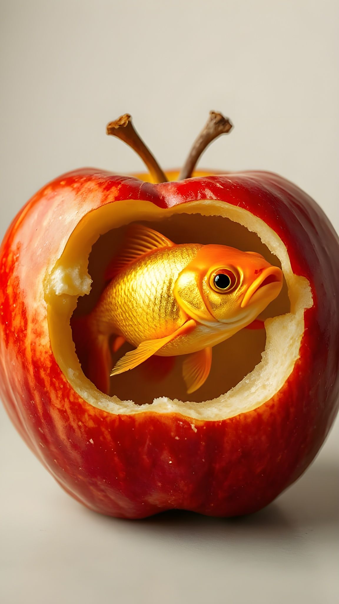 Goldfish Rising from a Bitten Apple in Surreal Style