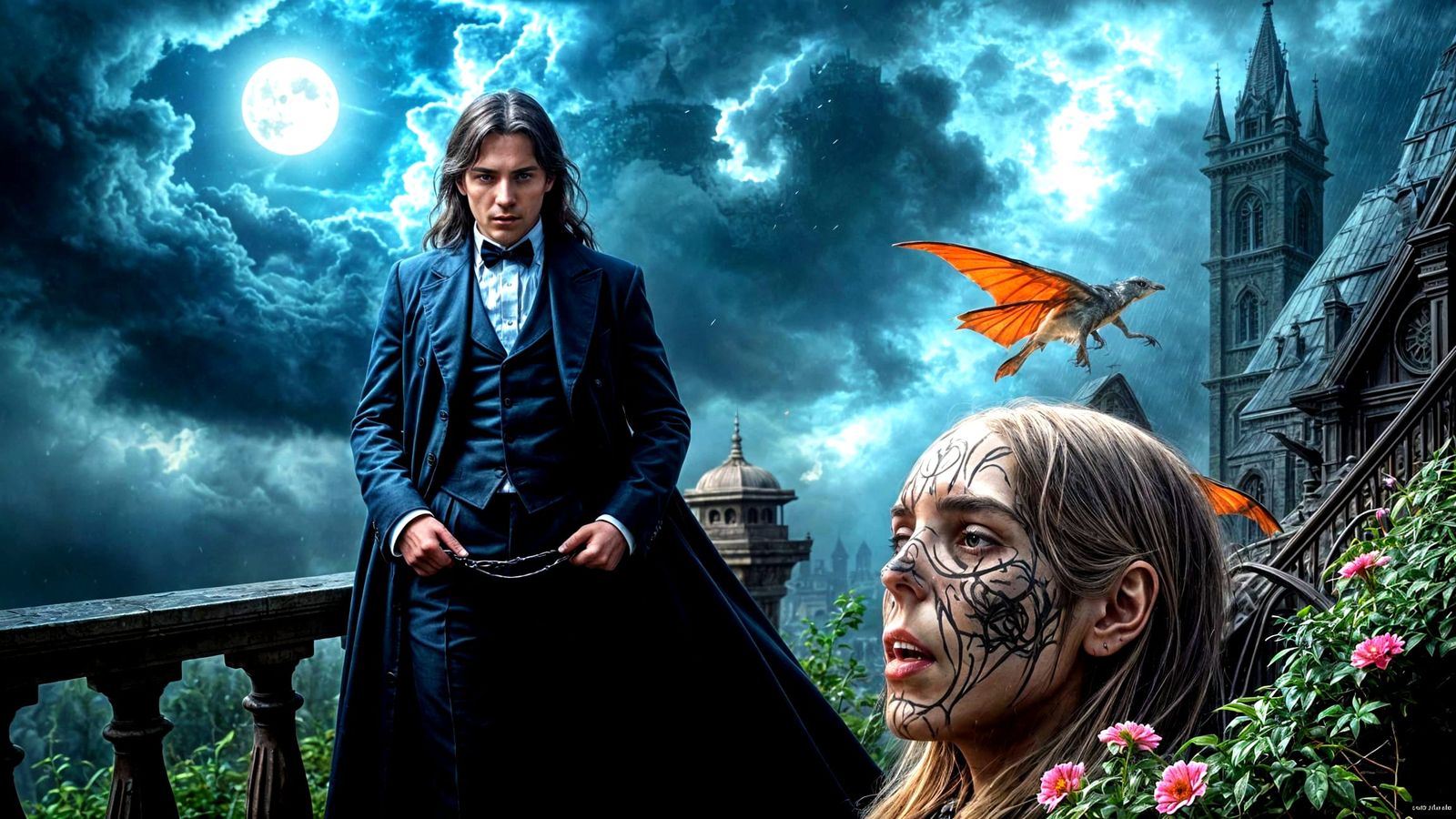 Vampire in Victorian Attire Lithograph With Flowers