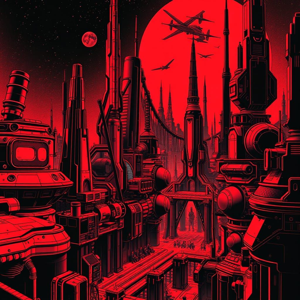 Futuristic Red and Black Metropolis in Sci-Fi Manga Style