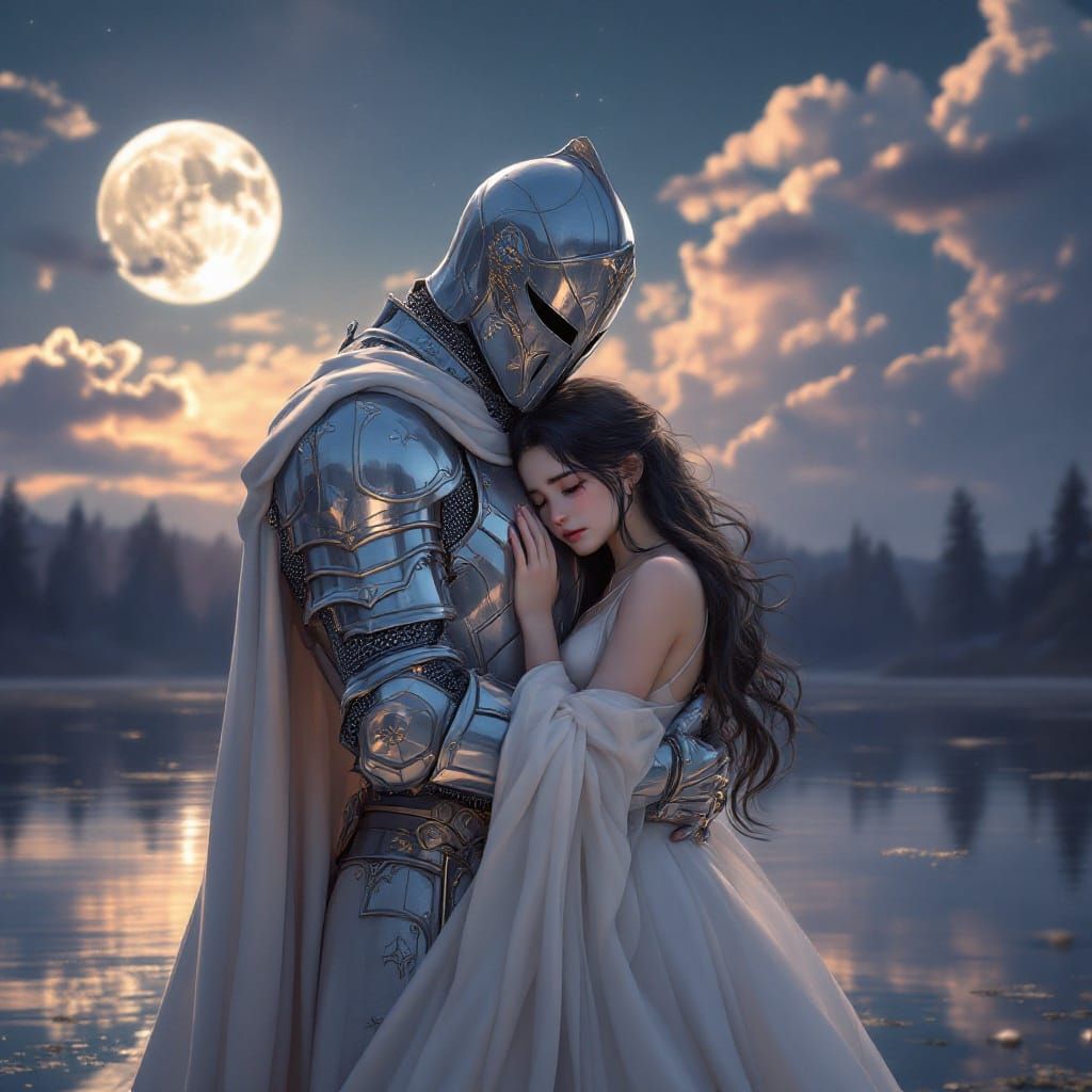 Knight's Comfort: Silver Armor Embraces Girl by Moonlight