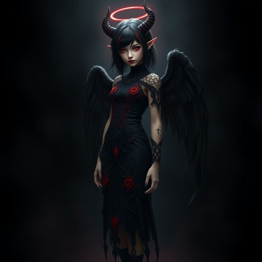 Dark Gothic Angel Demoness in Red and Black